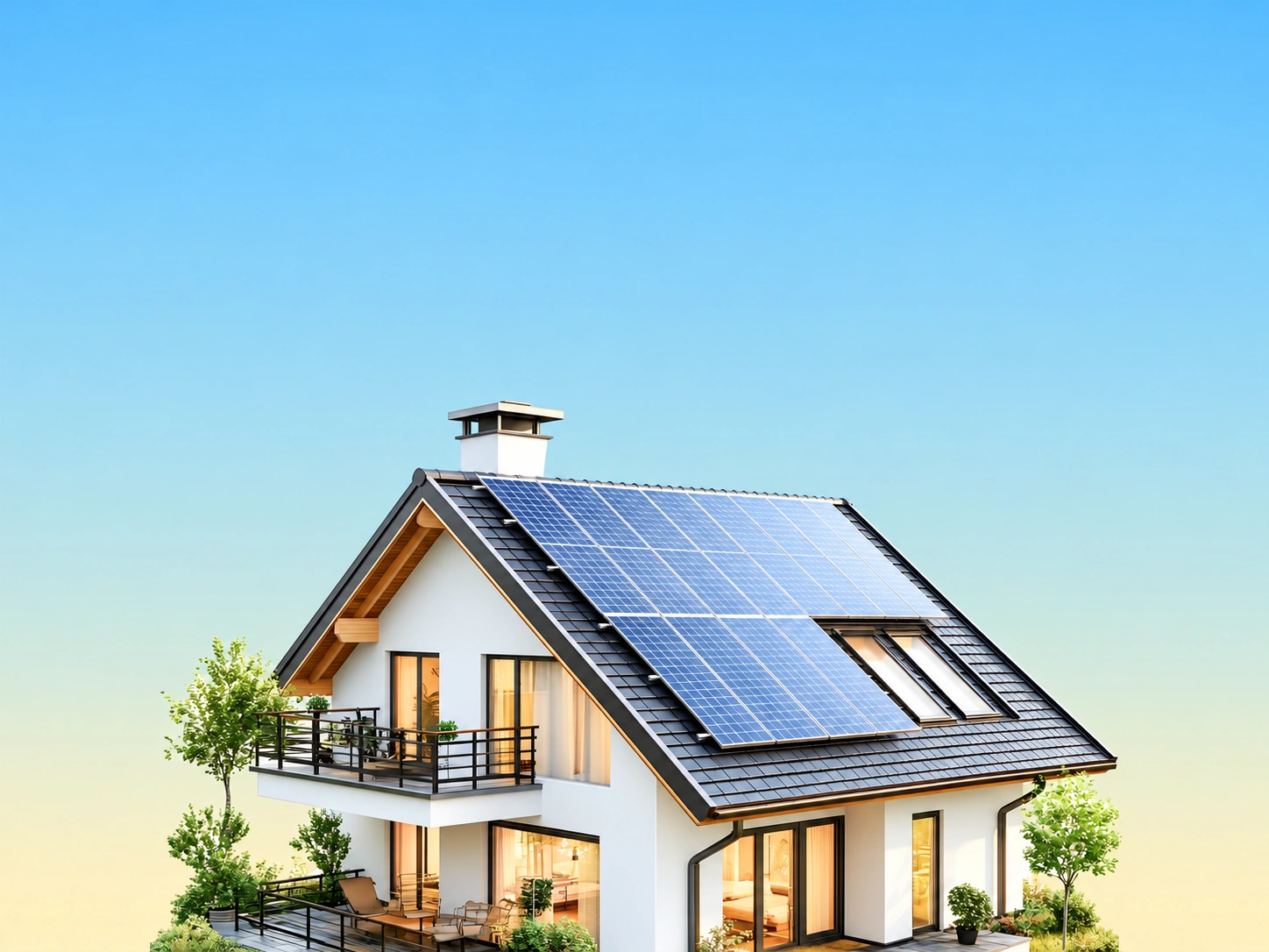 Visualização de uma casa com painéis solares, com a energia fluindo entre a instalação e a rede