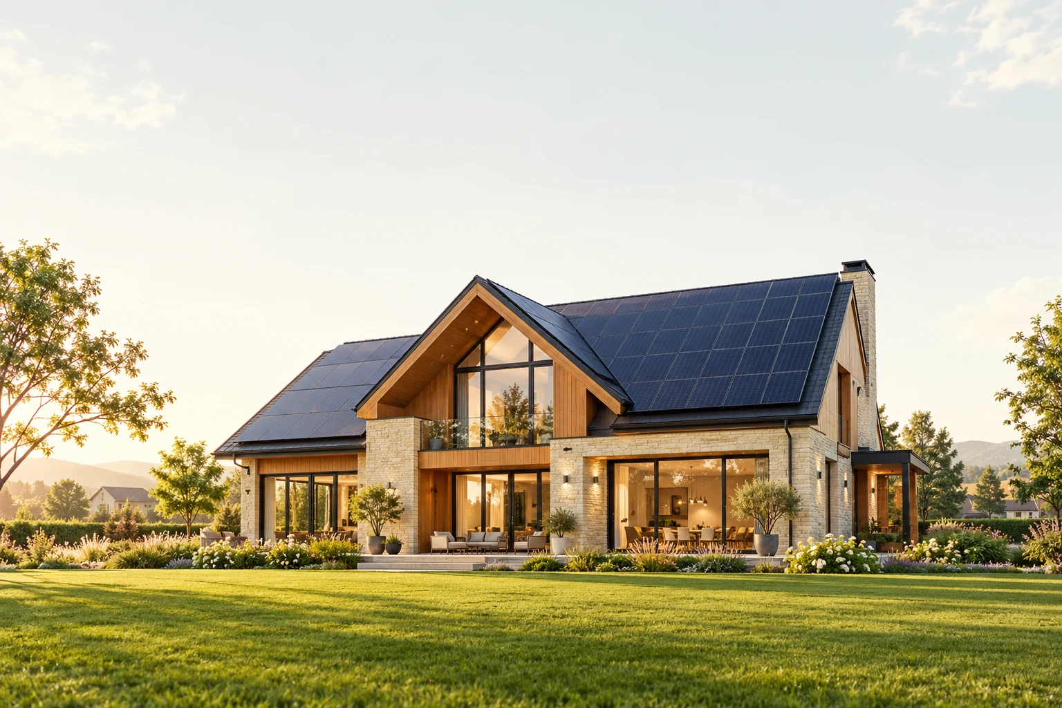 Visualização arquitetônica de uma casa com painéis solares e jardim